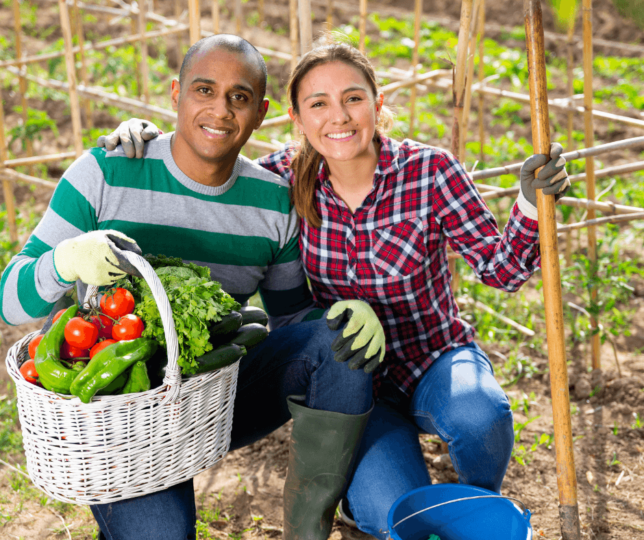 Happy gardeners with vegetables